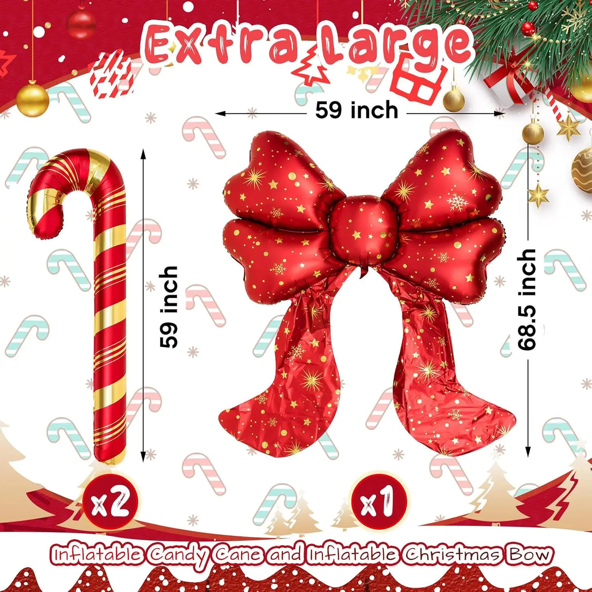 Giant Christmas Balloons | 5.7 Ft And 4.9 Ft | 3 Piece Bow Candy Set | Party Decor