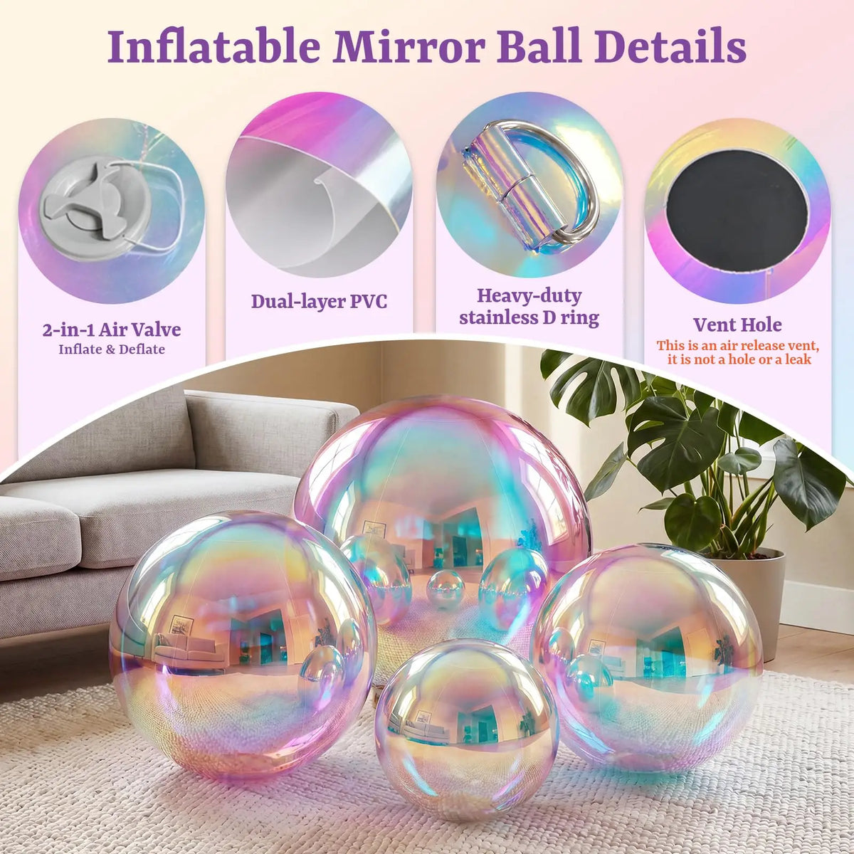 Inflatable Disco Ball | Iridescent Shine | Giant Party Prop | Set Of 6 With Pump