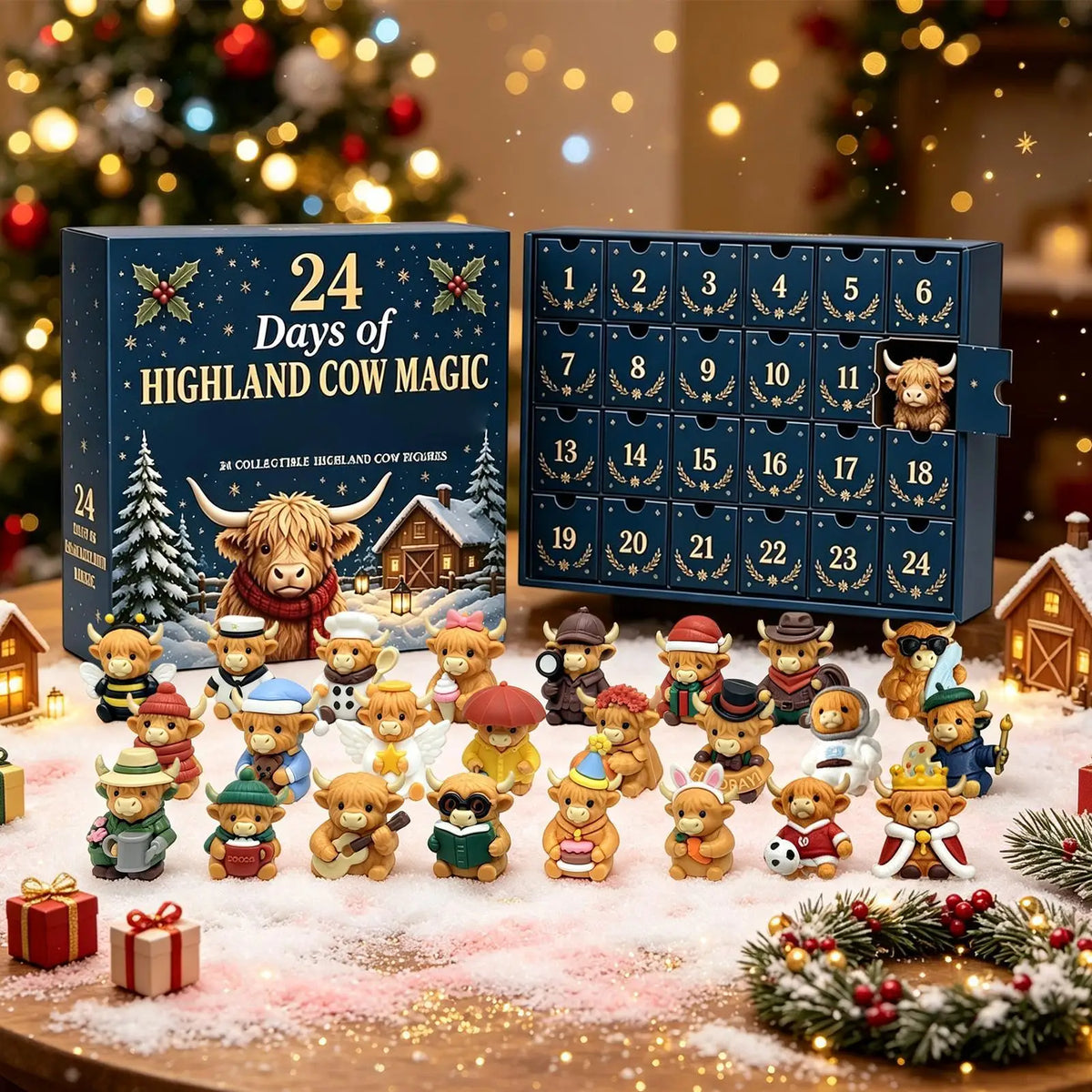 Advent Calendar | 24 Day Highland Cow Mini 3D Figurines | Christmas Tree Pendants | Countdown Keepsake Gift