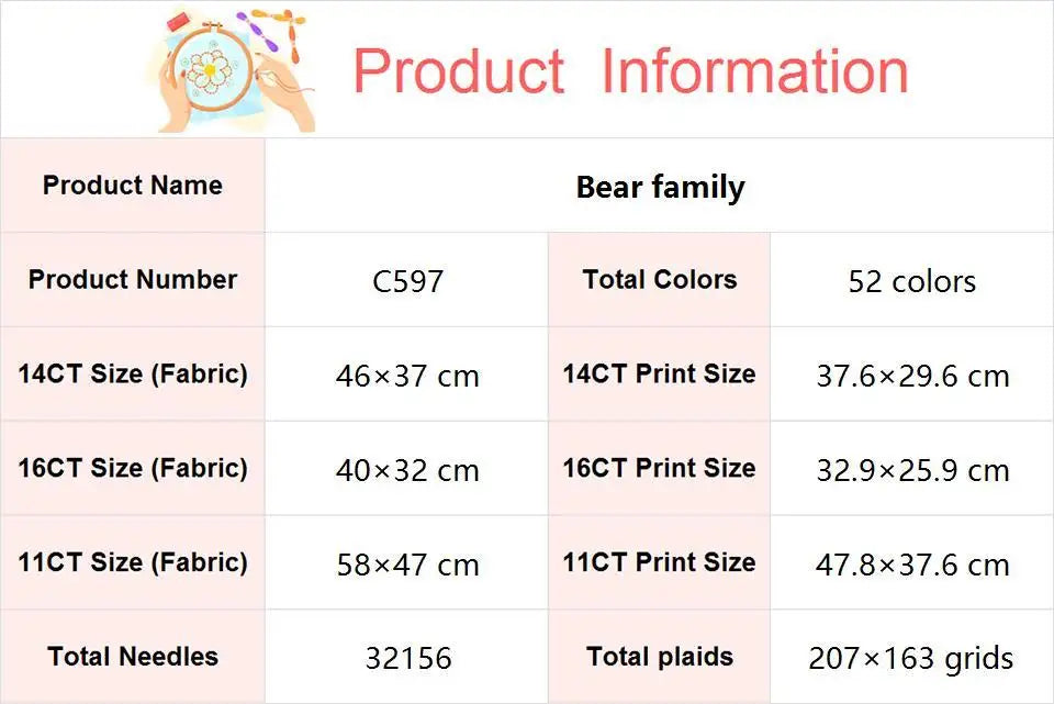 Bear Family Cartoon Cross Stitch DIY Embroidery Kit with Aida Fabric and Sewing Accessories