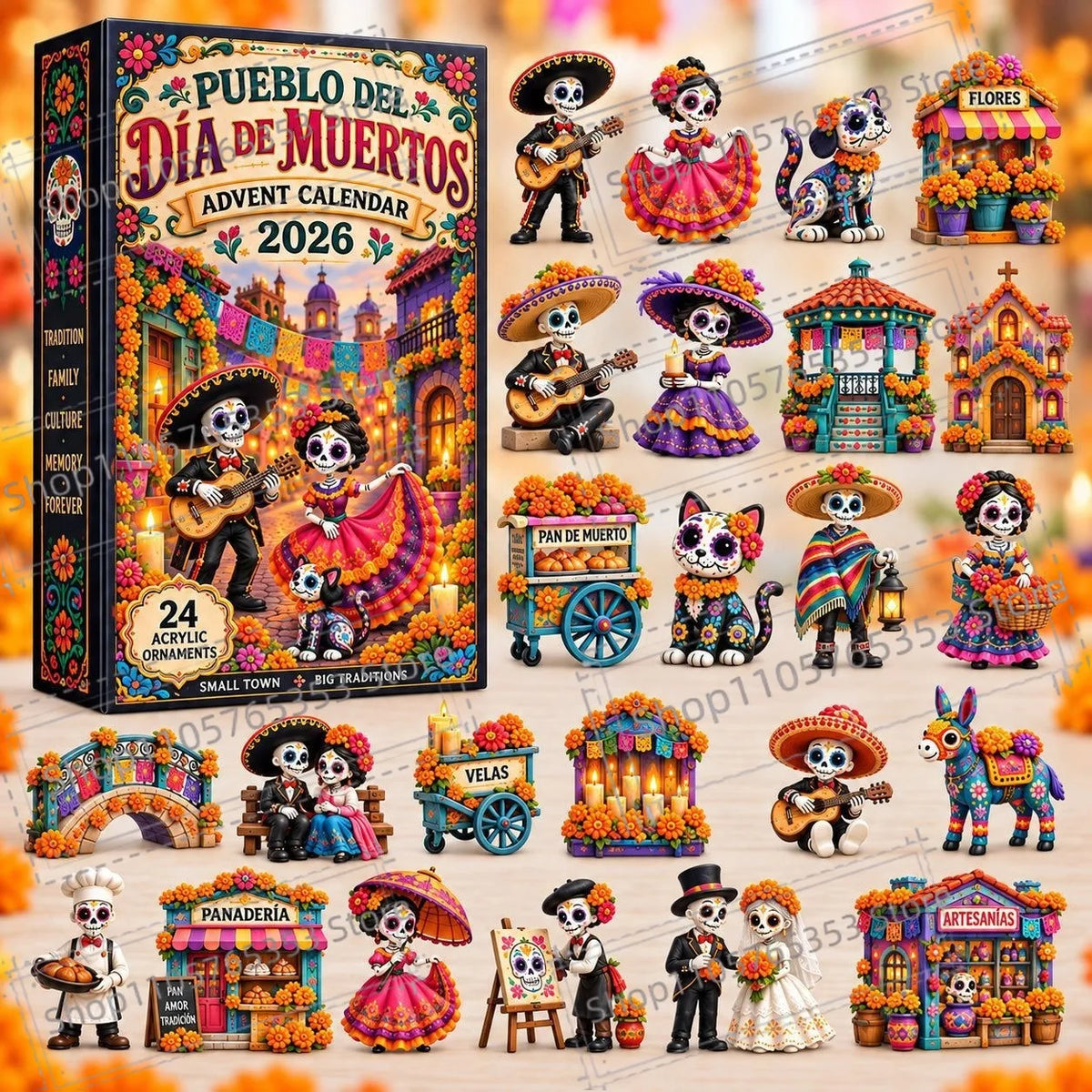 Advent Calendar | 2026 Day Of The Dead | 24 Piece 2D Acrylic Pendants | Festive Party Gift