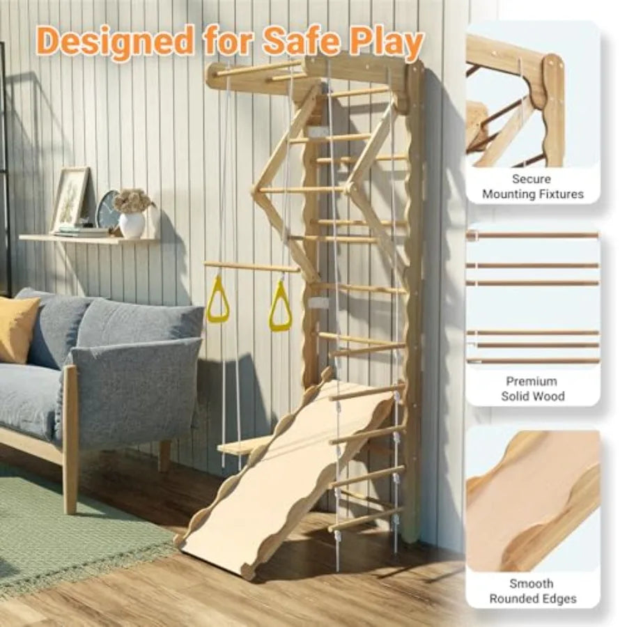 Wooden Indoor Jungle Gym With Wall Mounted Swedish Ladder