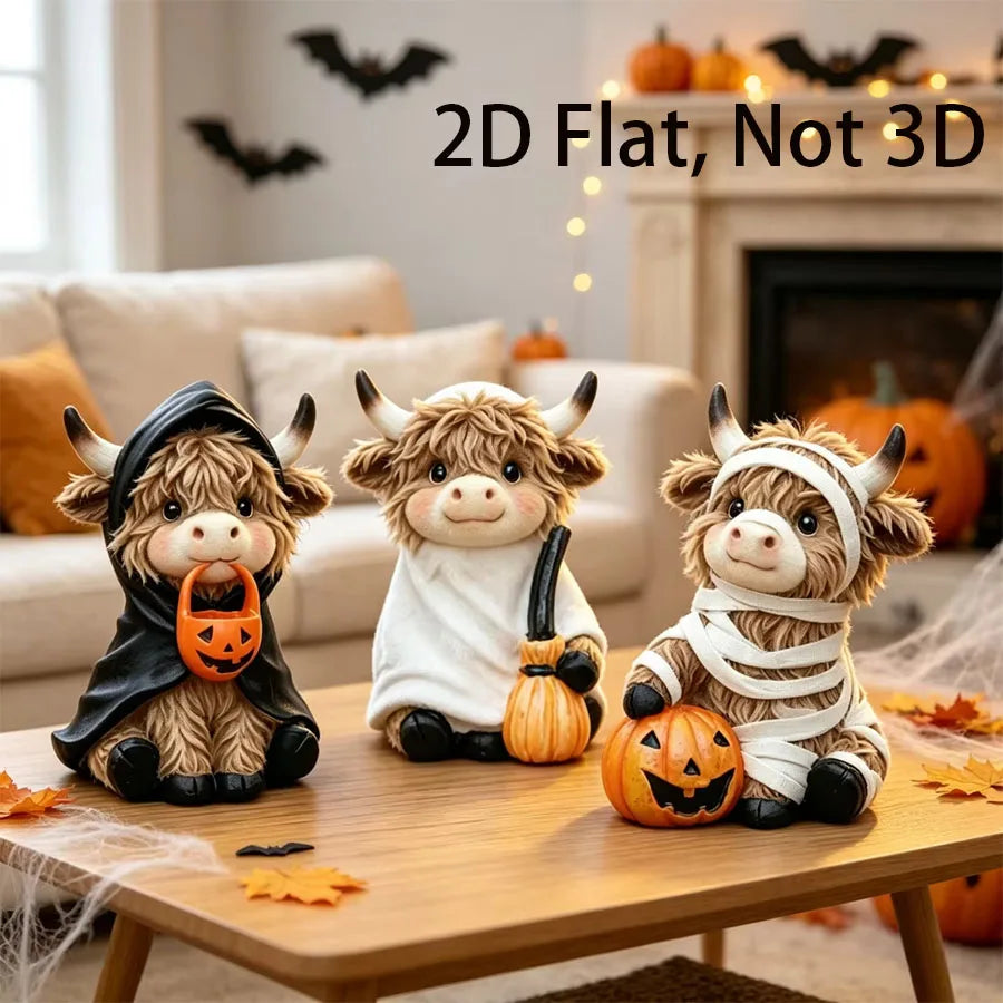Halloween Highland Cow Statue | Solid Wood | Ghost Mummy Design | Shelf Decor