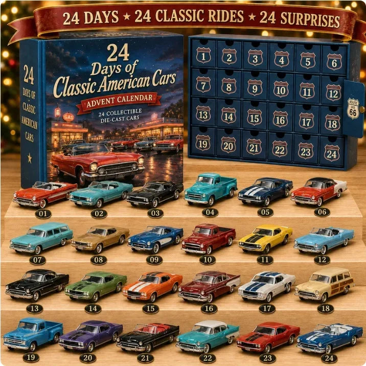Advent Calendar | 24 Day Vintage Die Cast Cars | Classic American Vehicle Collectibles | Holiday Gift