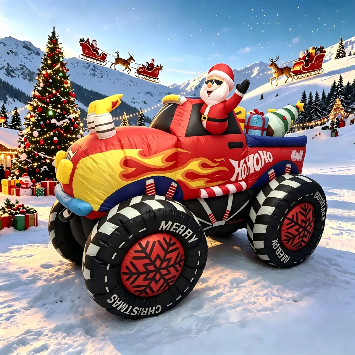 Christmas Inflatable | 8 Ft Long | LED Lights | Santa Monster Truck