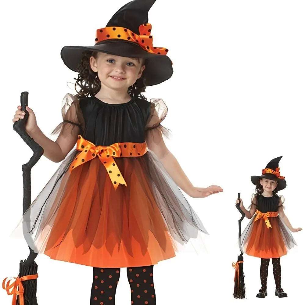 Enchanting Baby Girl Witch Costume Set for Halloween Parties - Black & Orange Dress with Hat