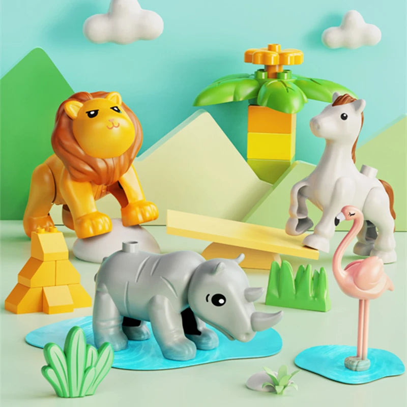 Wild Animal-themed Big Building Blocks Set with Lion and Flamingo Figures - ToylandEU