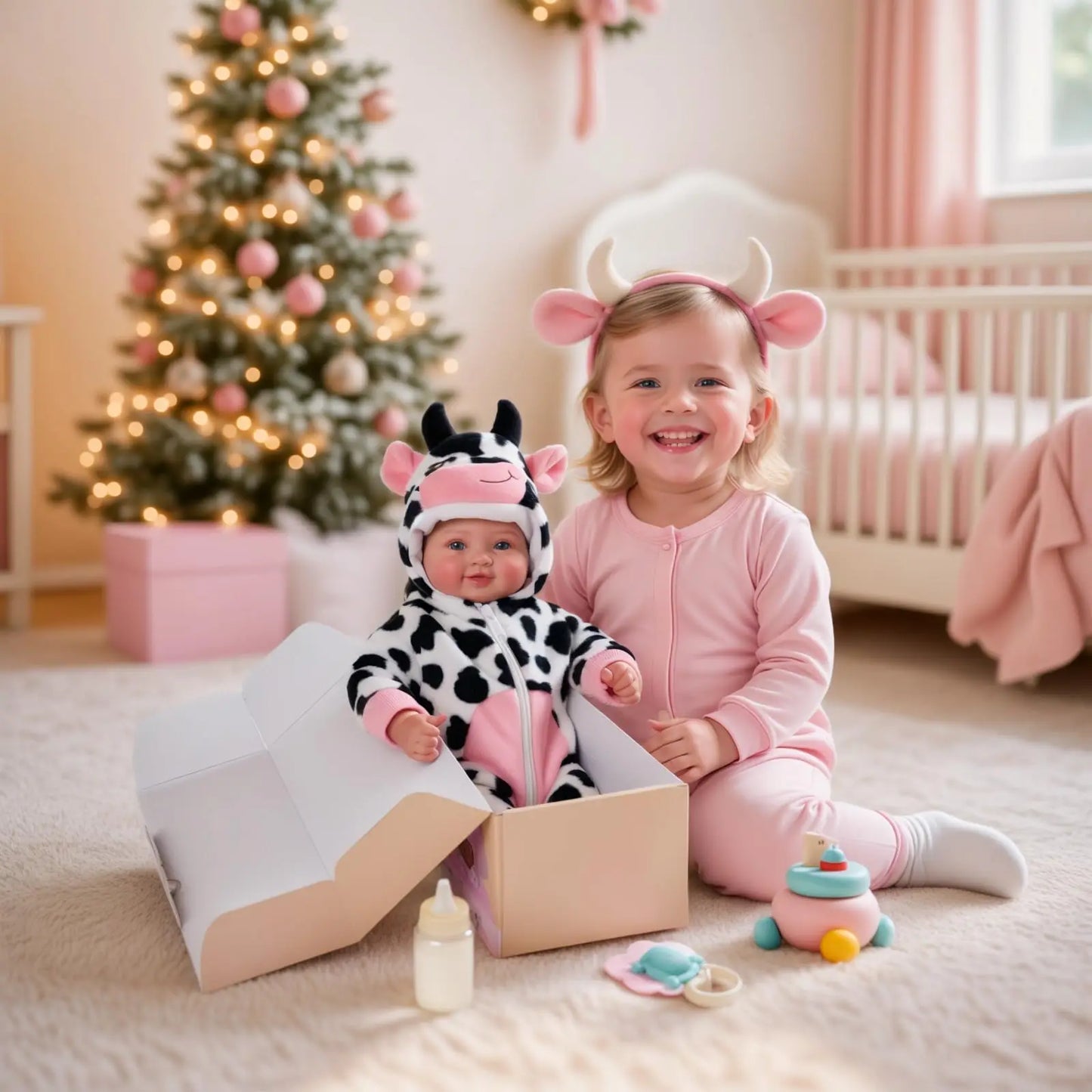 Realistic 17 Inch Baby Doll With Blue Eyes Cow Outfit