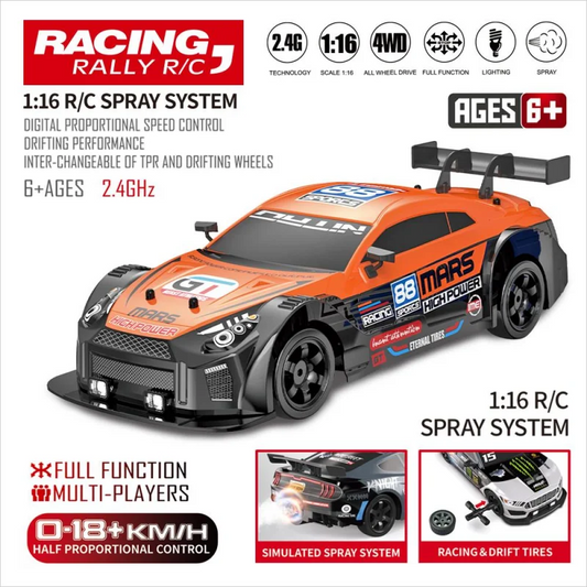 RC Cars 2.4G 4WD 1:16 Large Spray High Speed Drive Drift Car Two Type of Tire Classic Edition Professional Racing Car for Gifts