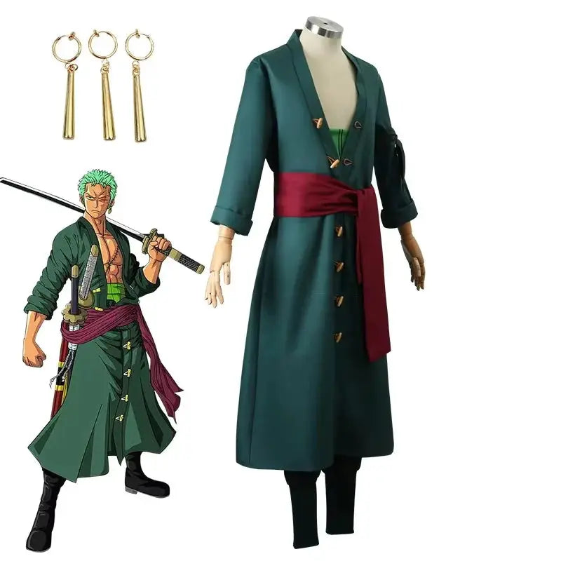 Anime Figures Roronoa Zoro Cosplay Costume Uniform Green Coat Pants Head Scarf Roronoa Zoro Wig Earrings Halloween Men Clothes - ToylandEU