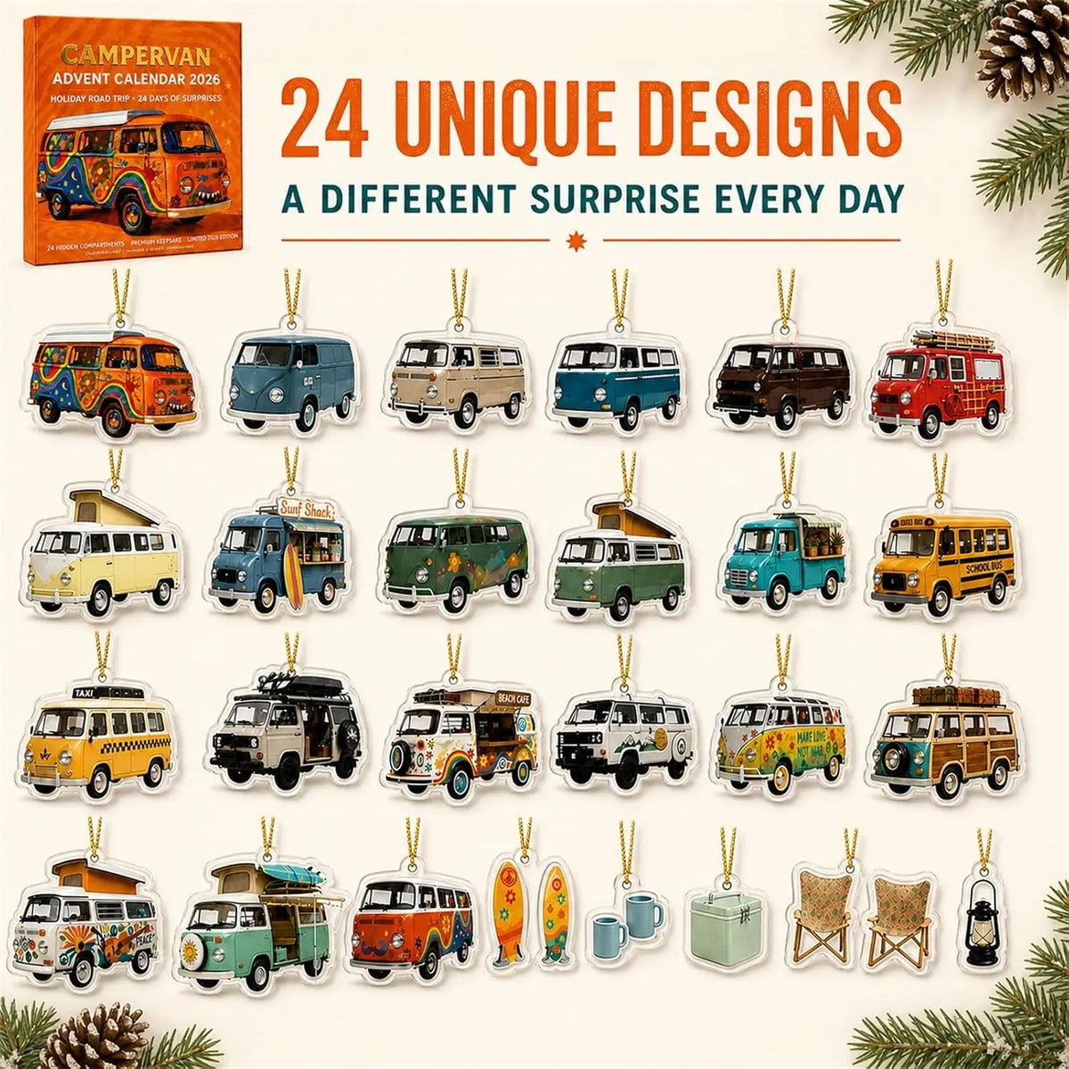 Advent Calendar | 24 Retro Campervan Ornaments | Unique Acrylic Road Trip Designs | Desktop Display Gift