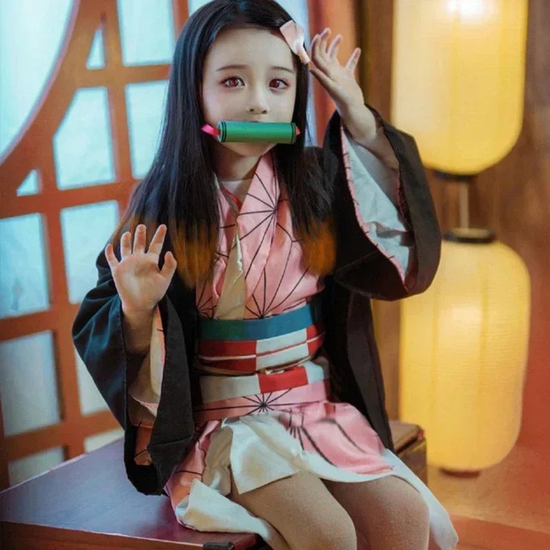 Nezuko Cosplay Costume | Kimono Haori Set | Includes Wig And Clogs | Adult Fit