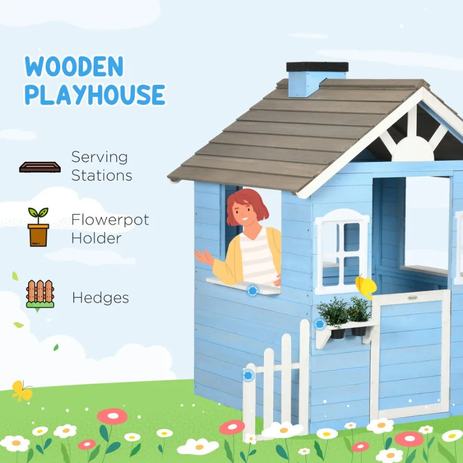 Wooden Outdoor Playhouse For Kids With Flower Pot Holders Blue