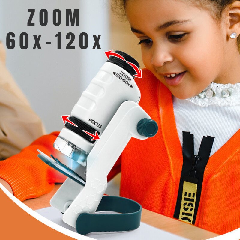 STEM Kids Portable Microscope Educational Science Kit with LED Light 60X-120X Magnification - ToylandEU