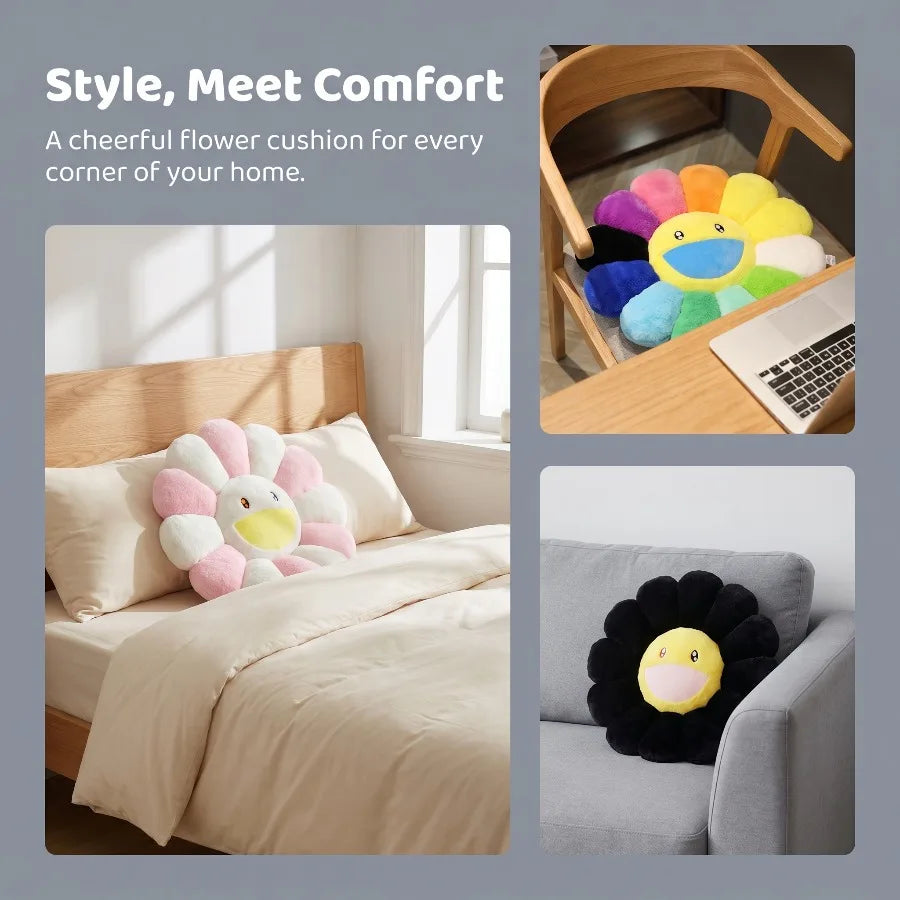 Kawaii Sunflower Plush Cushion | Rainbow Design | Decorative Cushion