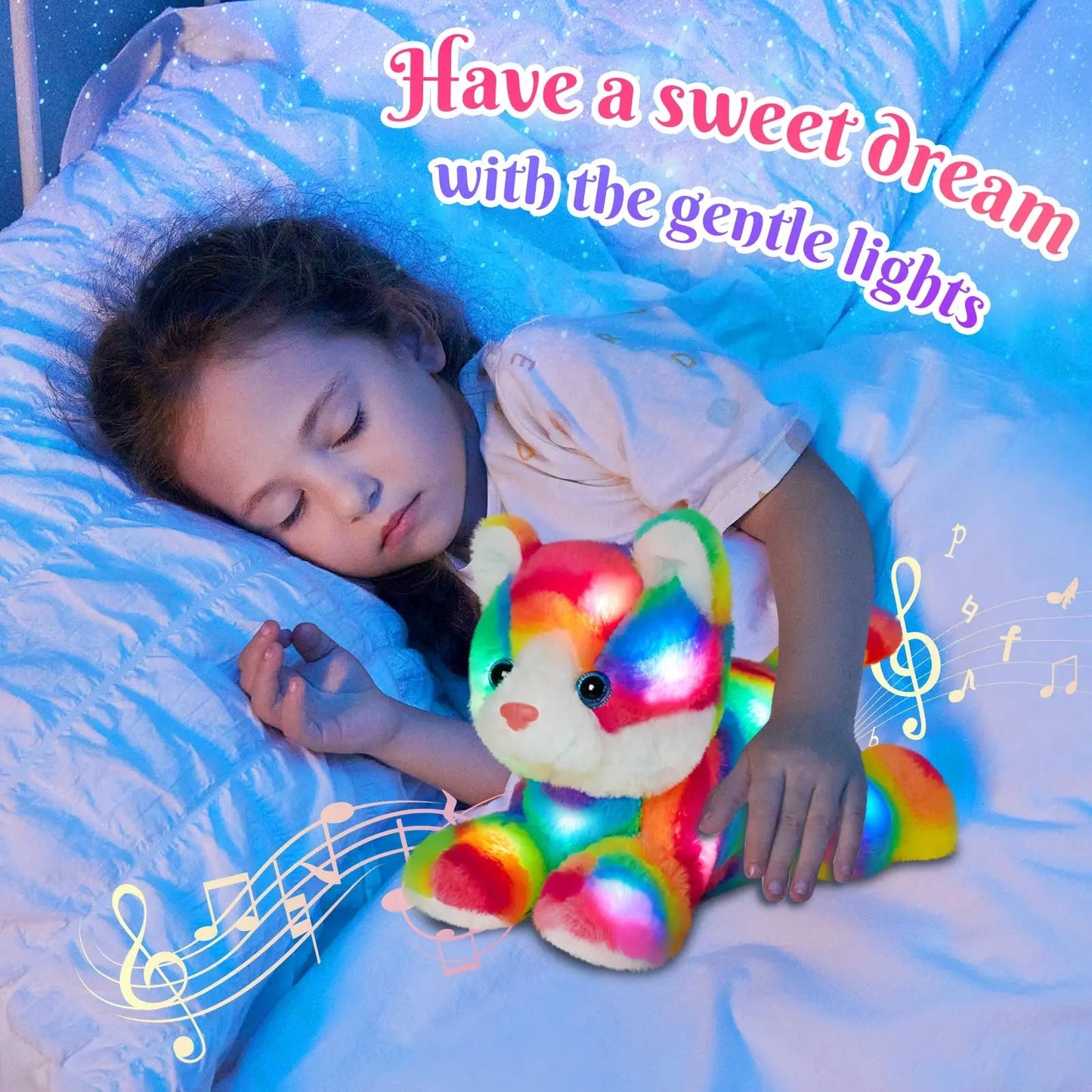 Rainbow Cat Plush Toy with LED Glow and Music