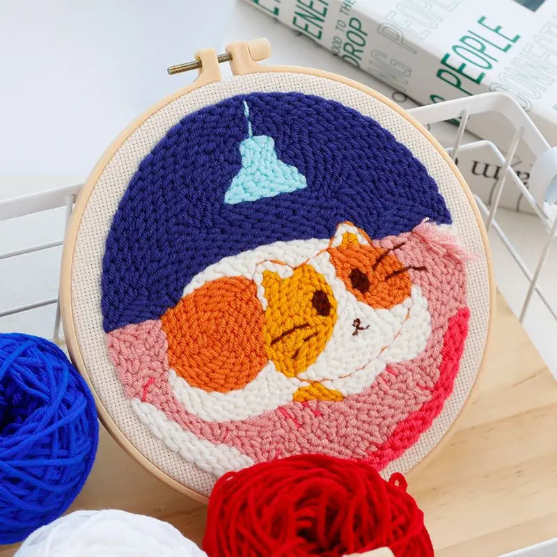 Beginner Cat & Floral Punch Needle Kit - Adjustable Embroidery Pen, Hoop, and Craft Supplies for Kids and Adults