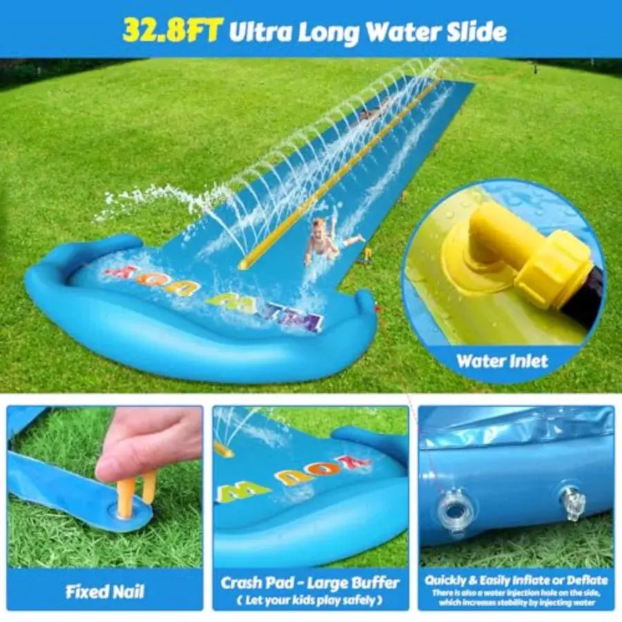 Water Slide 32.8ft Inflatable Splash Water Slip with 2 Racing Lanes for Boys Girls Adults Outdoor Water Toys for Backyard - ToylandEU