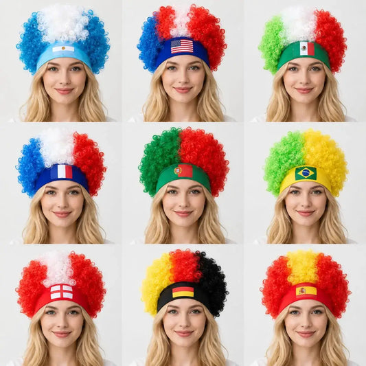 2026 World Cup Curly Wig Cosplay National Flag-colored Headband Wig for Fan Gatherings, with Logo and National Flag. - ToylandEU