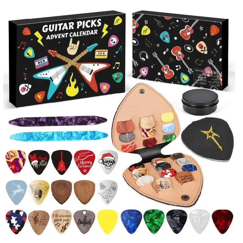 Advent Calendar | 24 Day Guitar Pick Set | 20 Picks 2 Oud Picks And Holder | Gift For Guitar Bass Ukulele Players