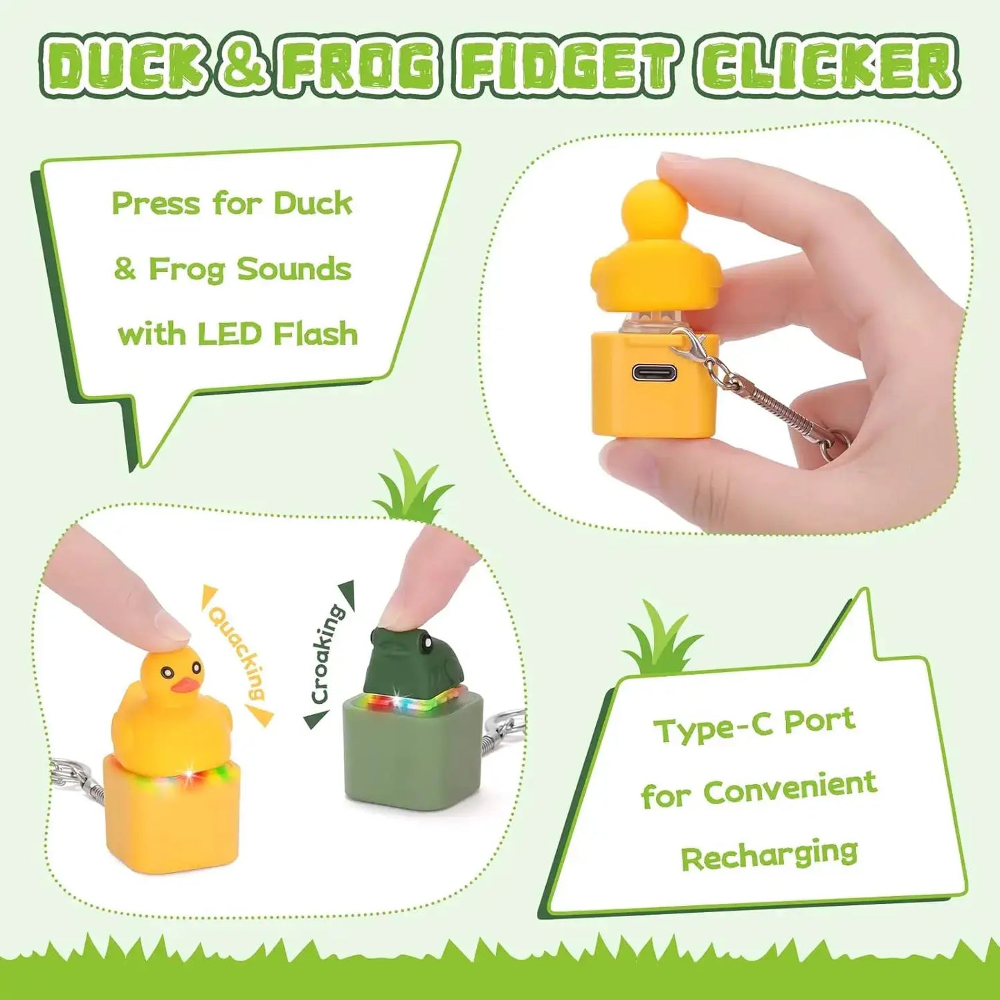 Rechargeable Duck Frog Fidget Clicker Keychain with LED Light, Sensory Toy for Adults Stress Relief Anxiety (Yellow&Green, 2P) - ToylandEU