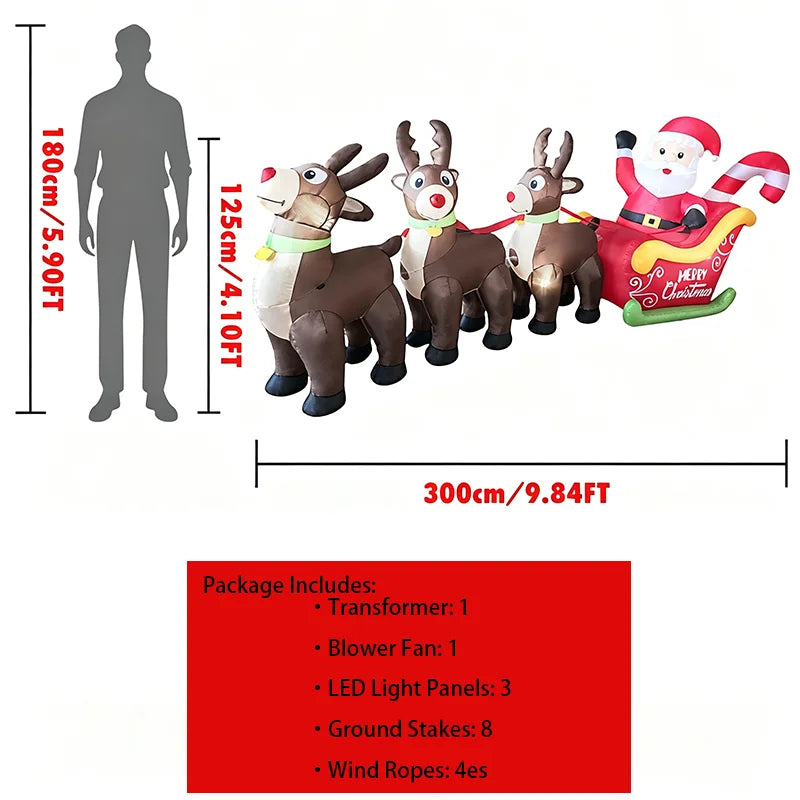 Inflatable Santa Sleigh | 9.8 Ft Led Model | 3 Reindeer | Outdoor Christmas Decor