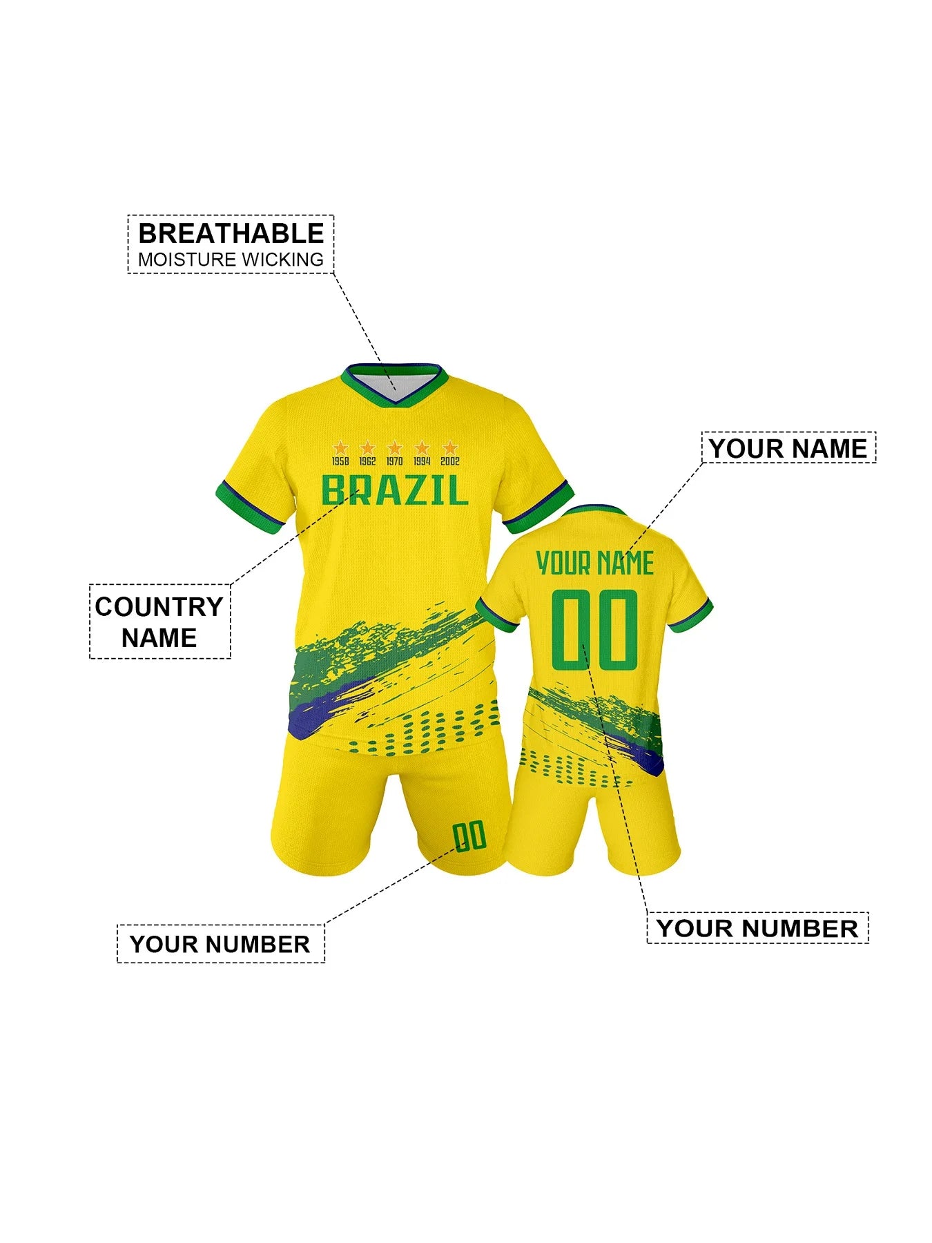 Personalized Brazil Soccer Jersey Set with Custom Name and Number for Kids and Youth Football Teams