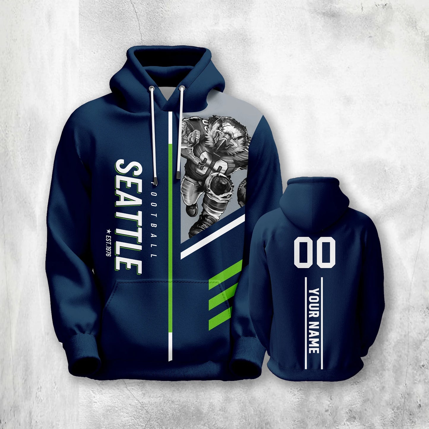 Personalized Seattle City Mascot 3D Print Football Hoodie - Custom Pullover Sweatshirt for Men, Women, and Youth Fans with Name and Number