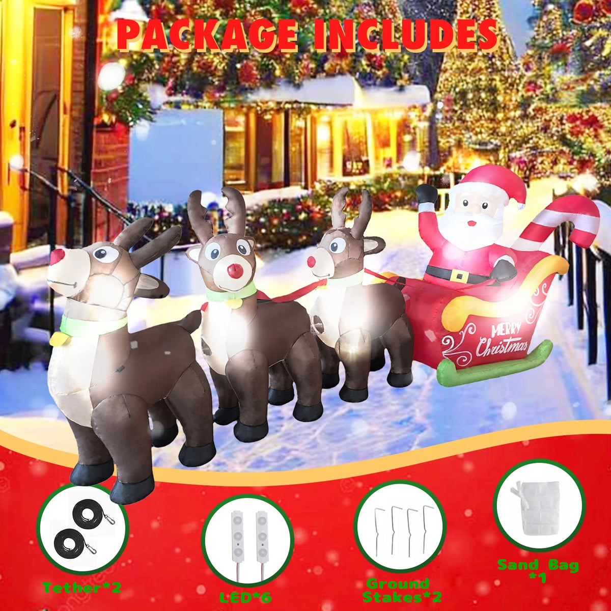 Inflatable Santa Sleigh | 9.8 Ft Led Model | 3 Reindeer | Outdoor Christmas Decor
