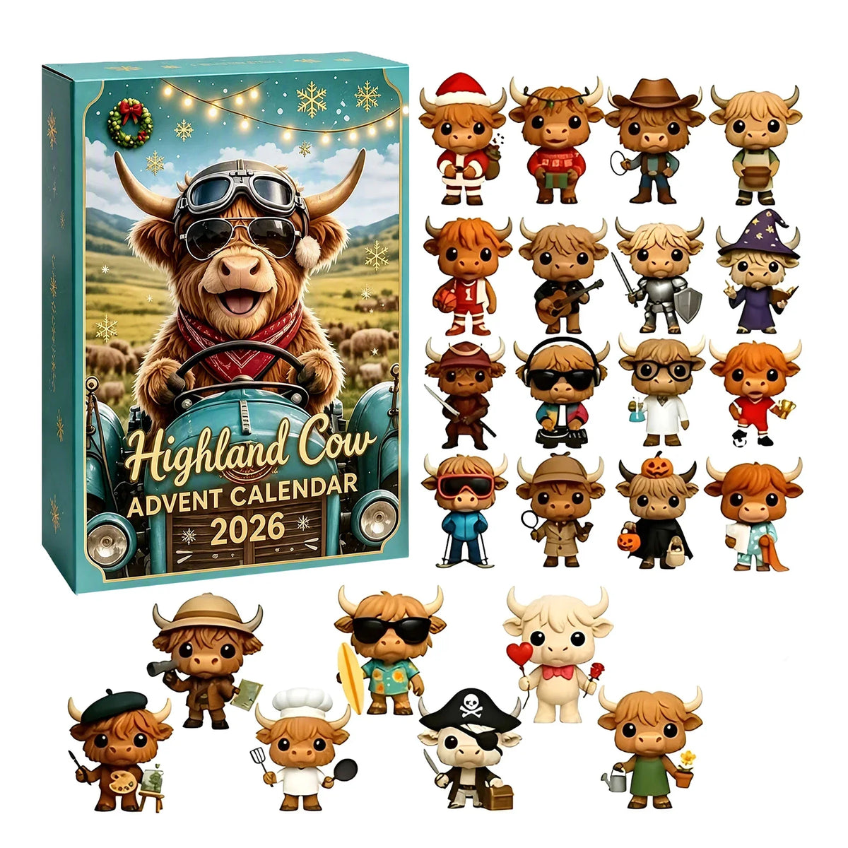 Advent Calendar | 2026 Highland Cow Figures | 24 Piece 3D PVC Display | Mantel And Shelf Decor