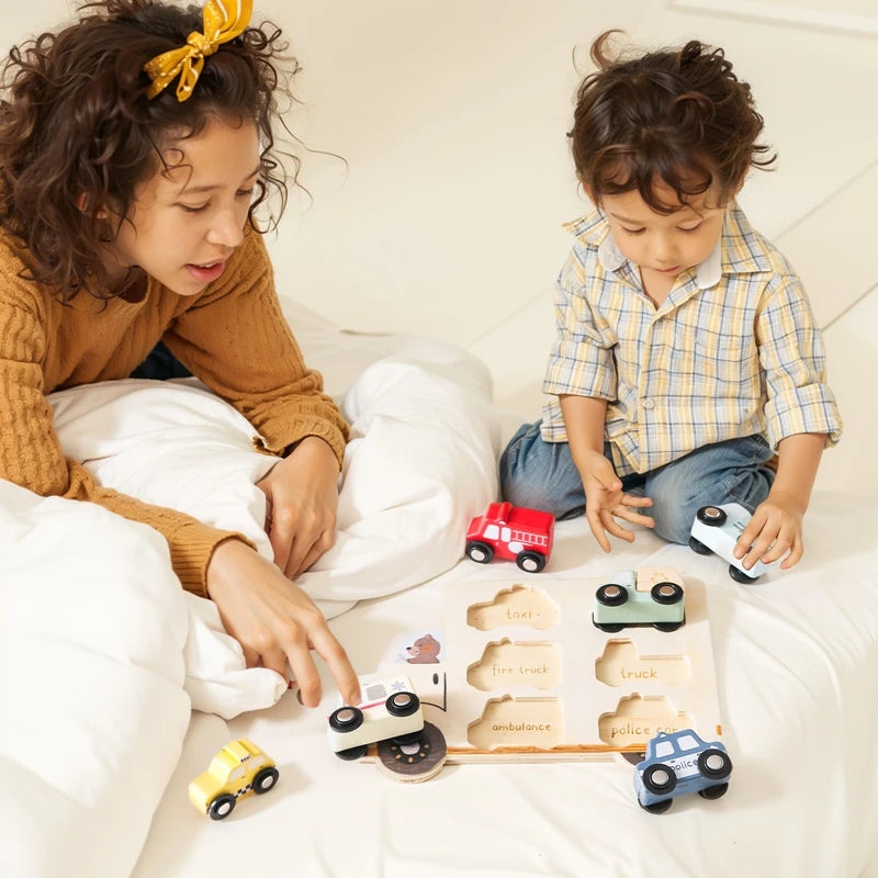 Montessori Wooden Jigsaw Puzzle | 6 City and Emergency Vehicles | Baby Toy