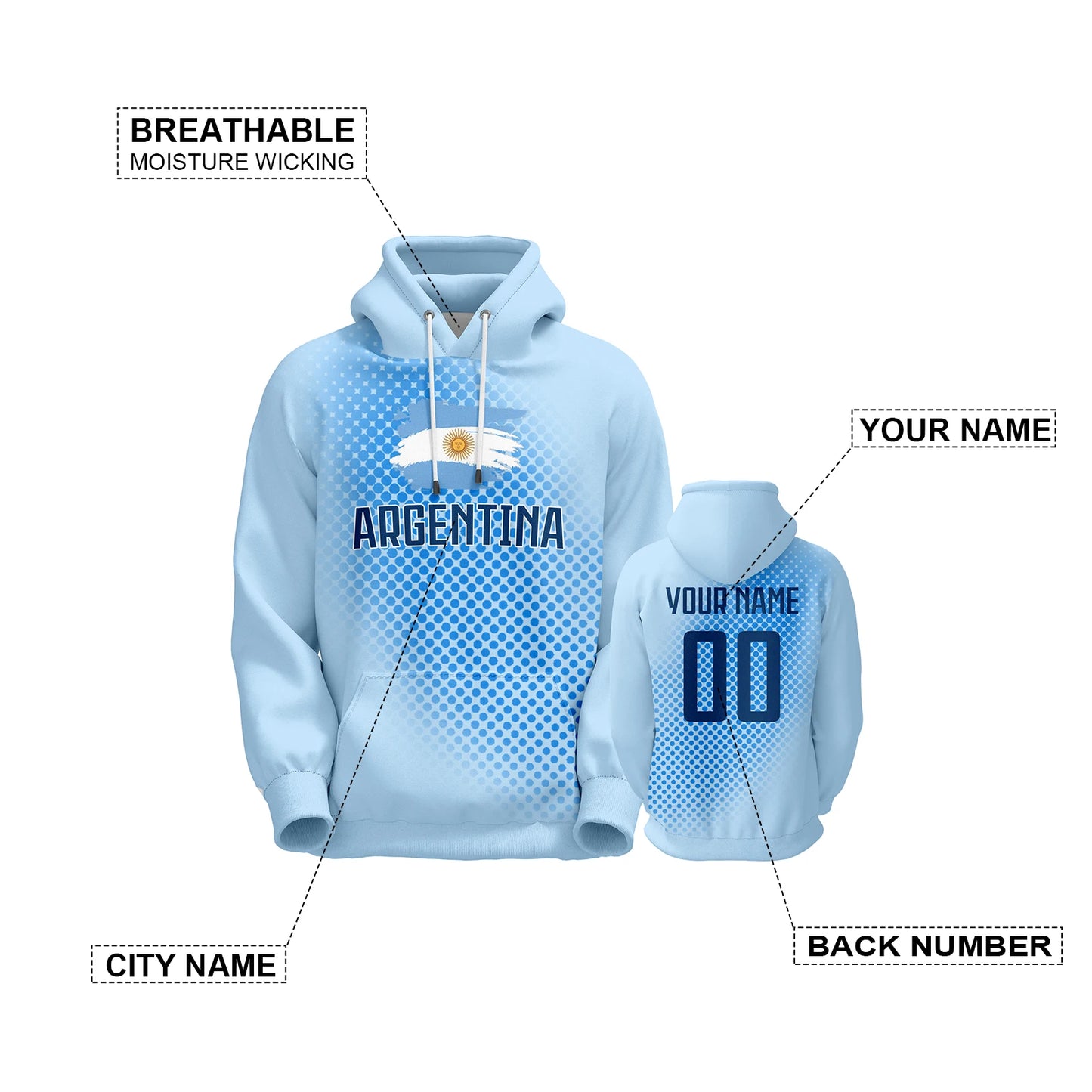 Personalized 3D Printed Argentina Soccer Hoodies with Name and Number - Unisex Football Sweatshirts for Sports Fans