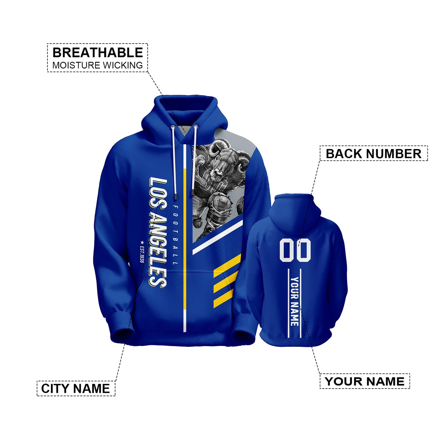 Personalized Los Angeles American Football Hoodie for Fans - 3D Printed City Mascots Sweatshirt with Custom Name & Number, Sizes S-5XL