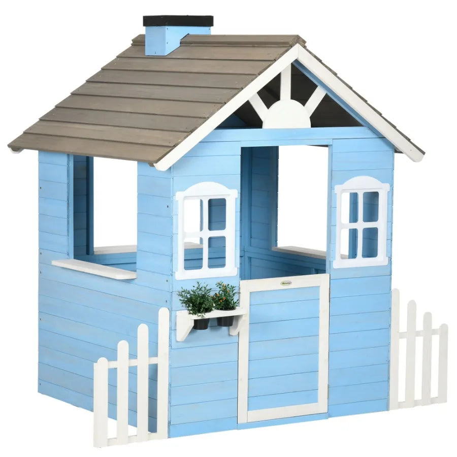 Wooden Outdoor Playhouse For Kids With Flower Pot Holders Blue