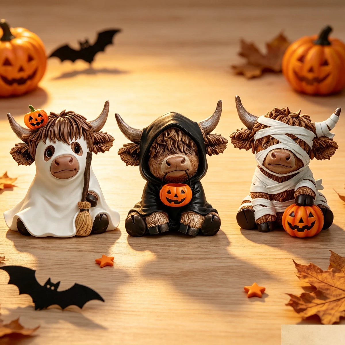 Halloween Highland Cow Statue | Solid Wood | Ghost Mummy Design | Shelf Decor