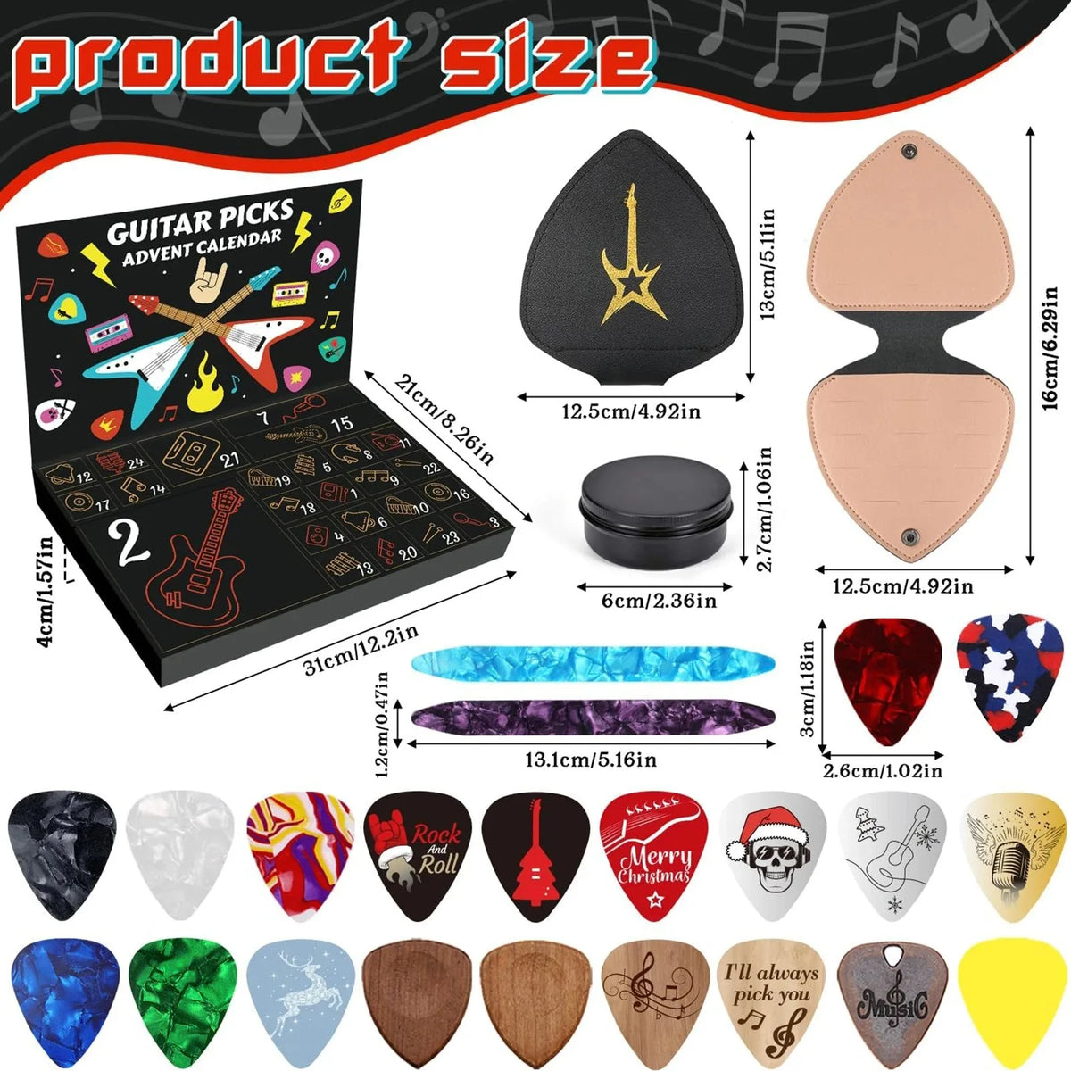 Advent Calendar | 24 Day Guitar Pick Set | 20 Picks 2 Oud Picks And Holder | Gift For Guitar Bass Ukulele Players