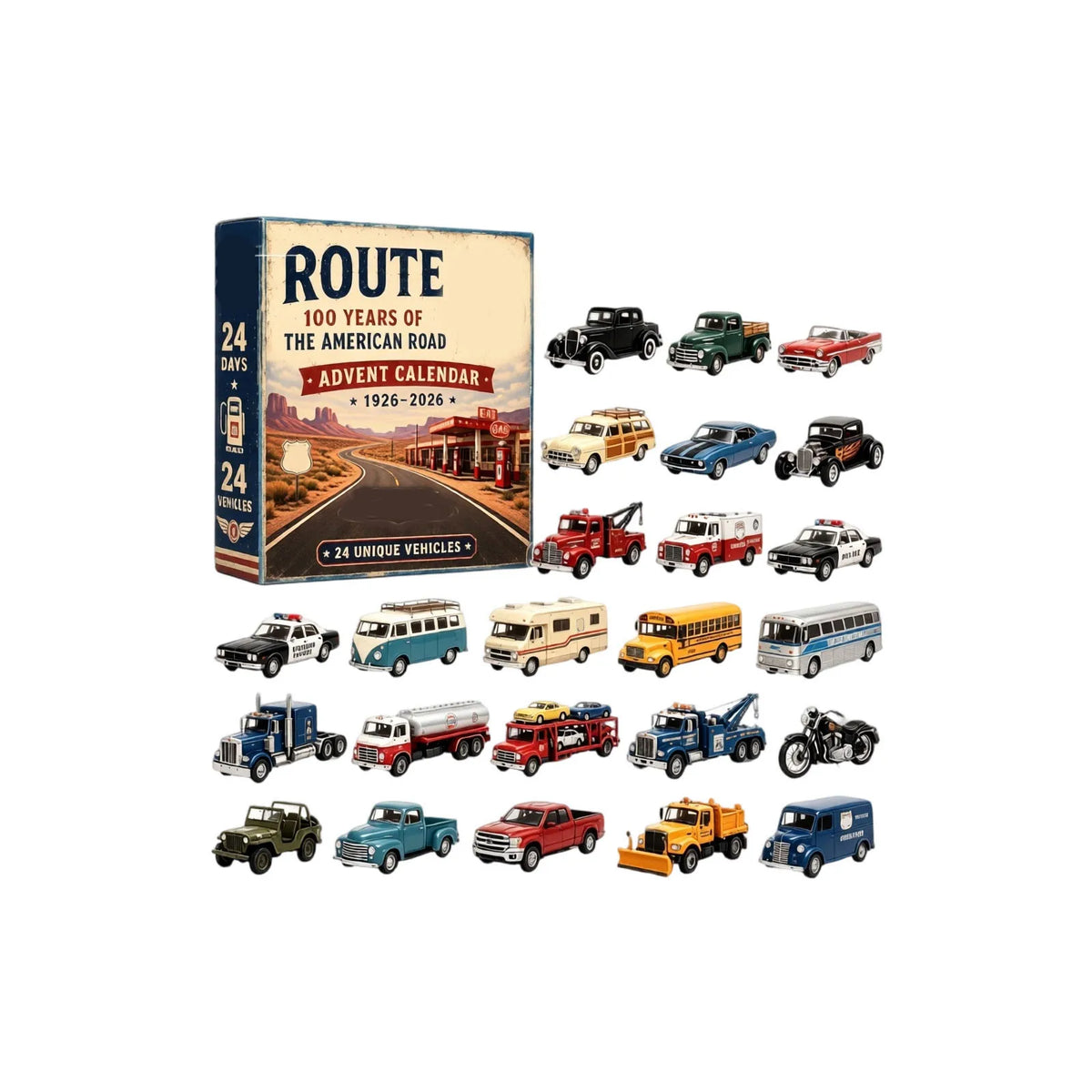 Advent Calendar | 2026 Vintage Car Set | 2D Acrylic Road Graphic Collectibles | Adult Gift