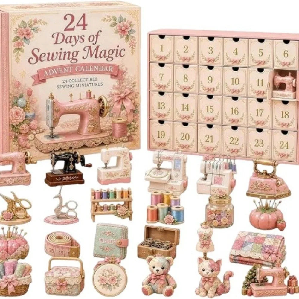 Advent Calendar | Sewing Theme | 24 Day Pink Acrylic Ornaments | Handmade Christmas Decoration Gift