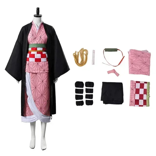 Nezuko Cosplay Costume | Kimono Haori Set | Includes Wig And Clogs | Adult Fit