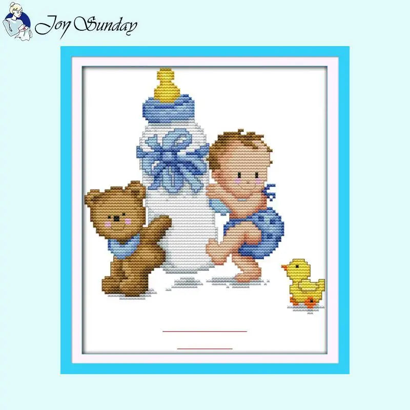 Baby Bottle Themed Cross Stitch Embroidery Kit - 14ct, 16ct, 11ct Printed Canvas Fabric for DIY Hand Sewing and Birth Certificates