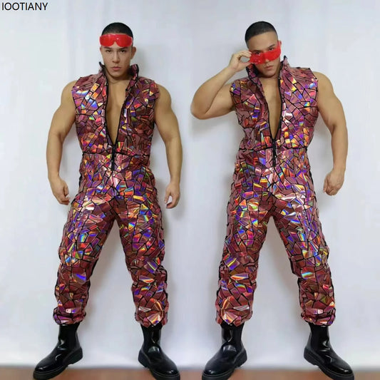 Men's Laser Mirror Sleeveless Jumpsuit | Sequin Bodysuit | Hip Hop Dancer Costume