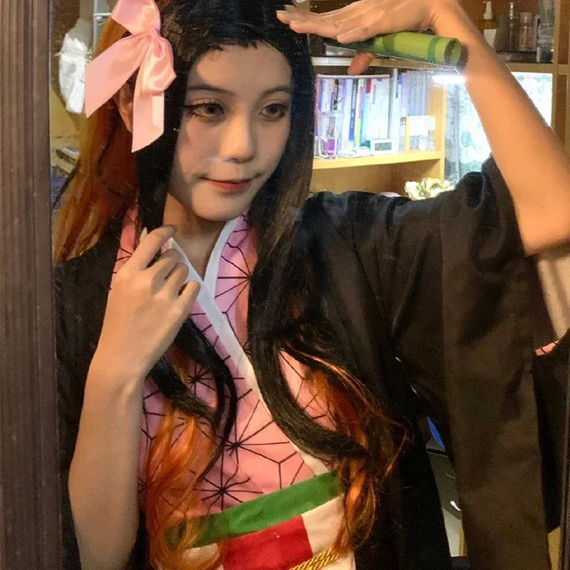 Nezuko Cosplay Costume | Kimono Haori Set | Includes Wig And Clogs | Adult Fit