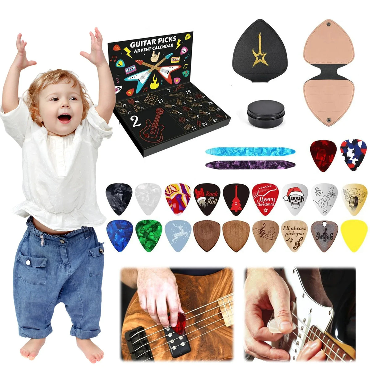 Advent Calendar | 24 Day Guitar Pick Set | 20 Picks 2 Oud Picks And Holder | Gift For Guitar Bass Ukulele Players