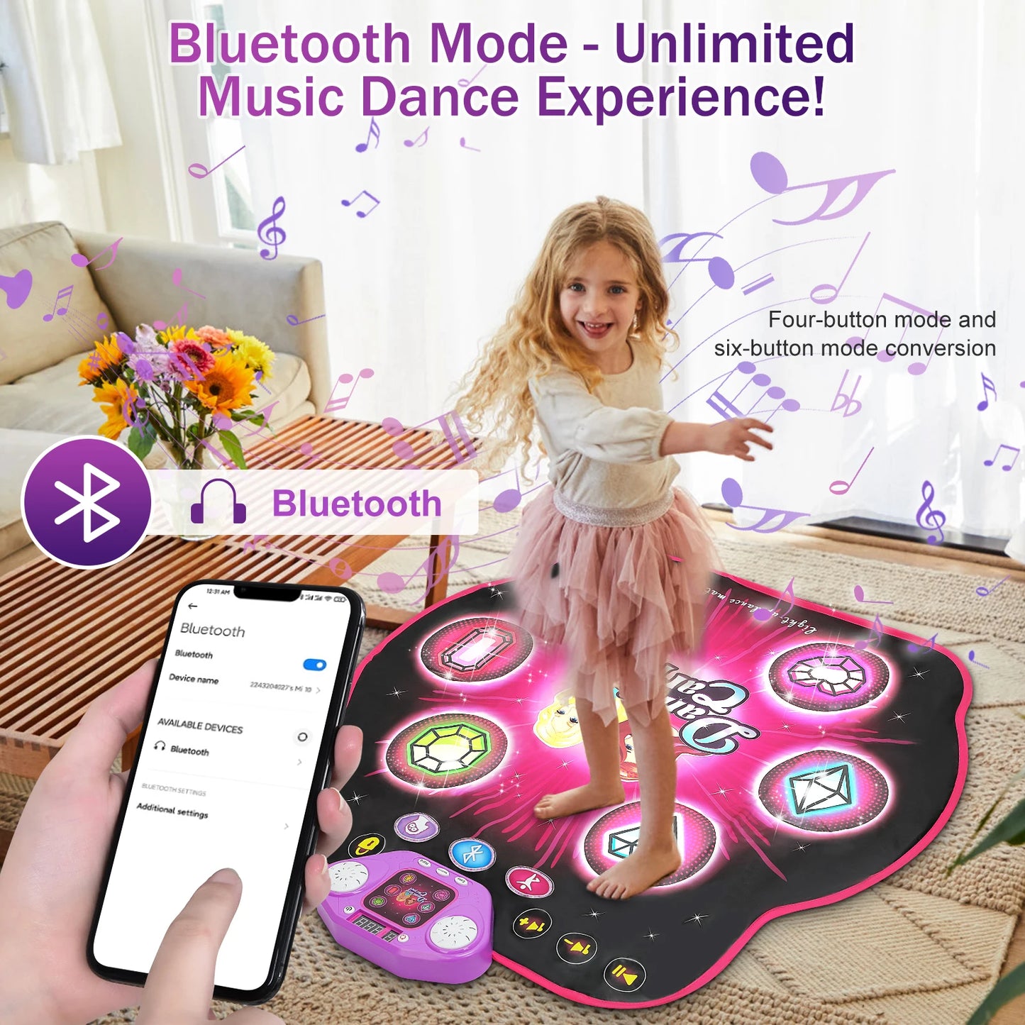 Bluetooth Dance Mat for Kids - 27 Levels, 6 LED Keys, Interactive Music Game Toy for Ages 3-8