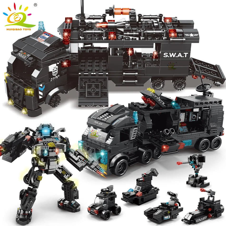 HUIQIBAO 454-585PCS 8in1 SWAT Police Command Truck Building Blocks - Military SWAT Soldier Building Blocks by Huiqibao - ToylandEU