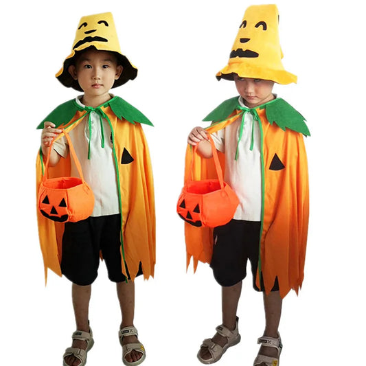 Festive Pumpkin Costume Set for Family Fun: Cloak, Hat & Treat Bag