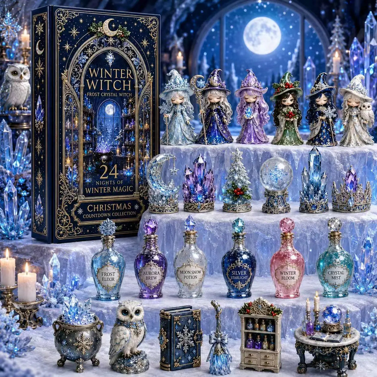 Advent Calendar | 24 Day Crystal Witch Theme | 2D Acrylic Blind Box Ornaments | Fantasy Home Decor