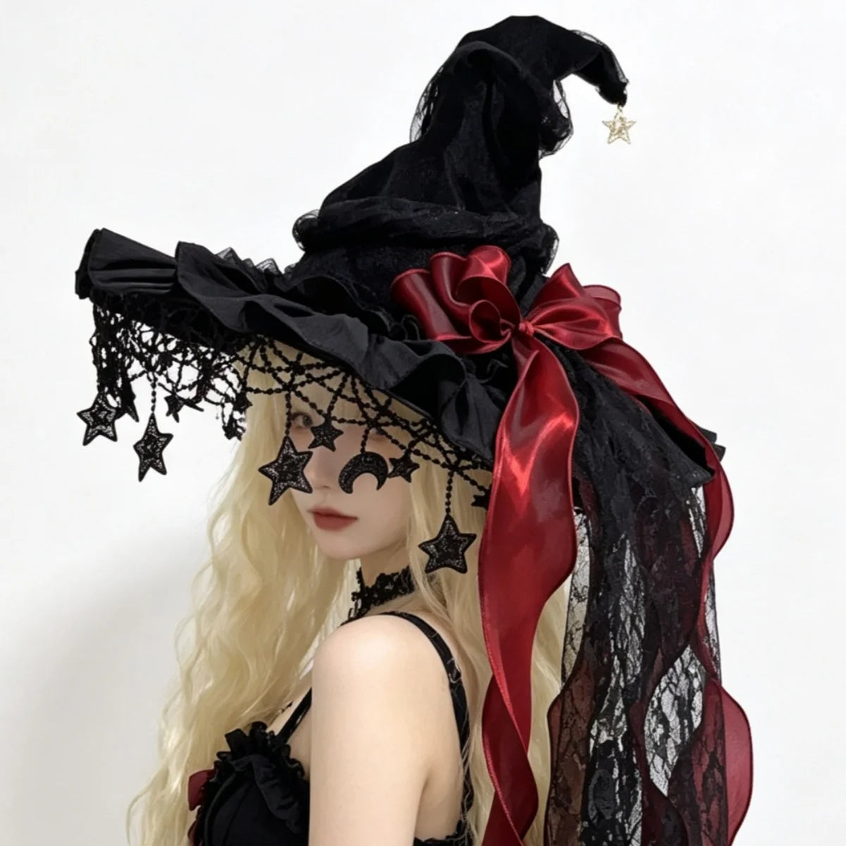 Lace Velvet Witch Hat | Moon Pendant Trim | Lace Edge Detail | Adult Party Wear