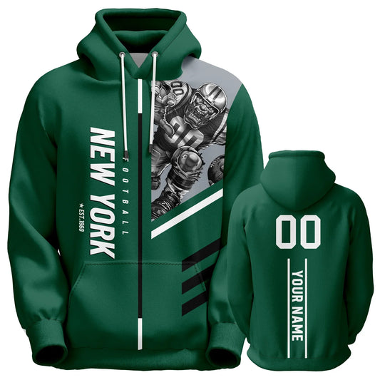 Personalized 3D Printed New York Football Hoodies - Custom Name & Number Sweatshirts for Men, Women, and Youth Fans