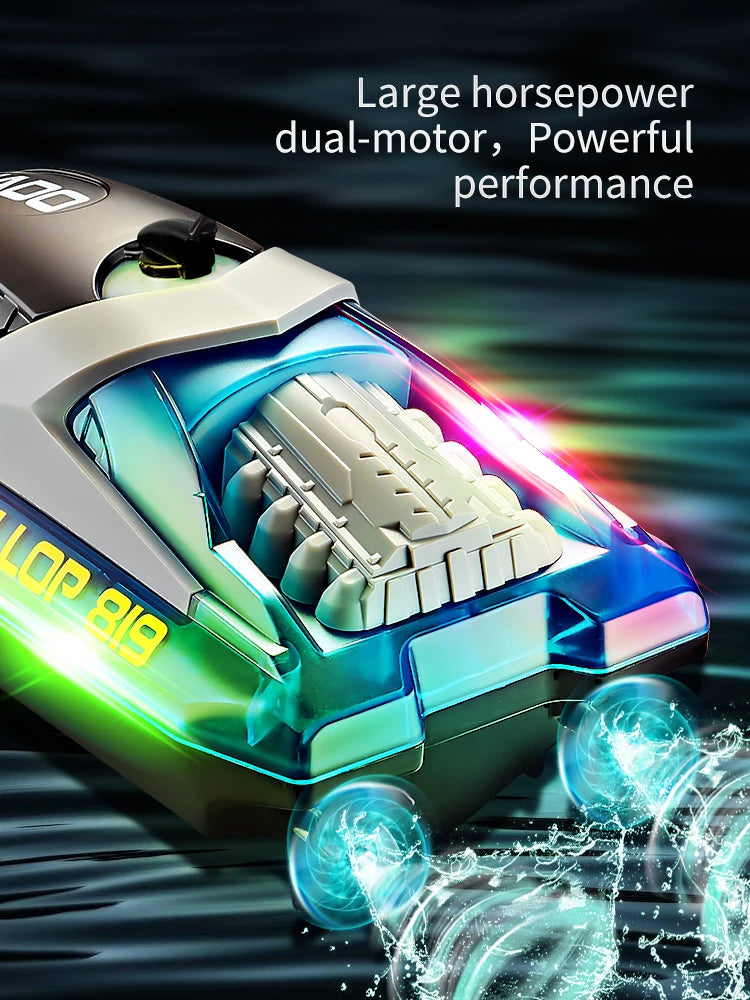 RC High-Speed RC Speedboat with LED Lights - Rechargeable, Waterproof Fun for Kids - 2-Hour Endurance Outdoor Toy